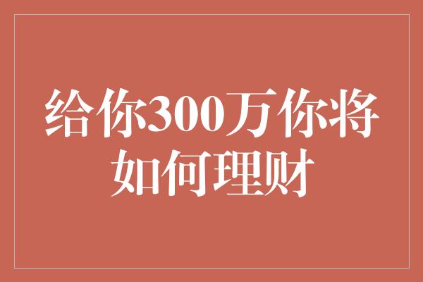 给你300万你将如何理财